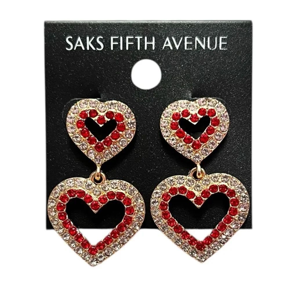 💎2/$30💎 Saks Fifth Avenue Gold Red and Clear Crystal Double Heart Drop Earrings